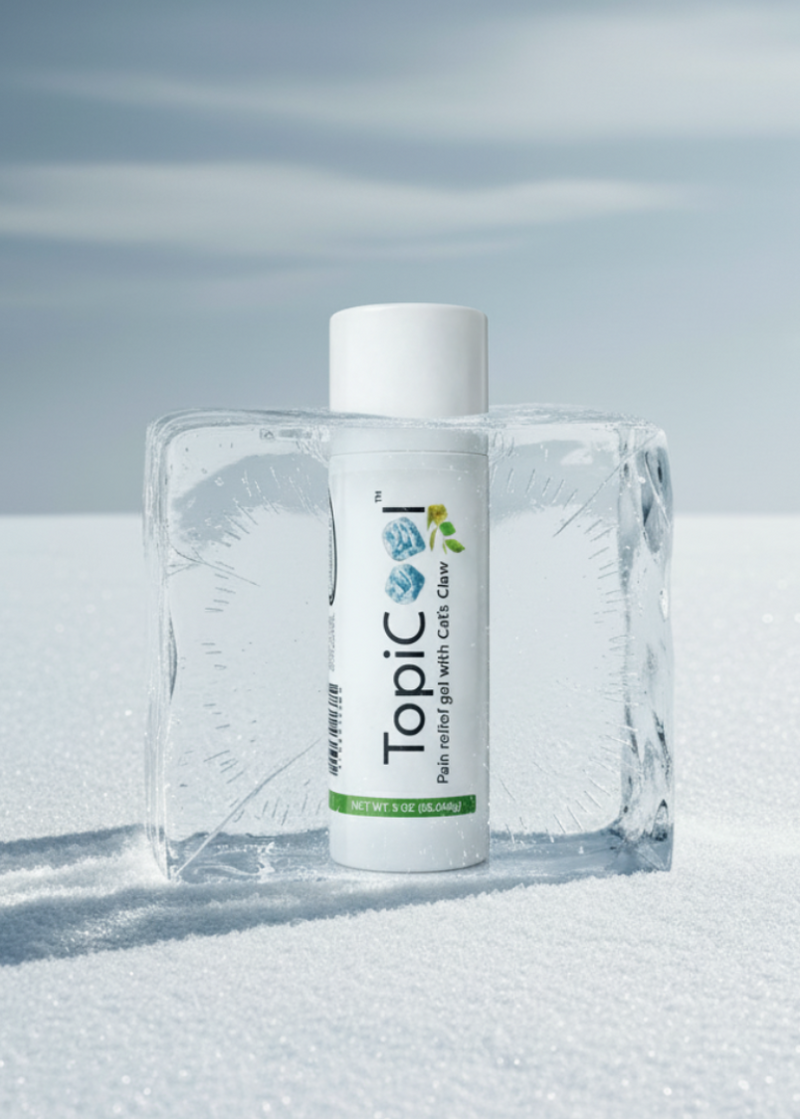 Bottle of Topic skincare product on a snowy background