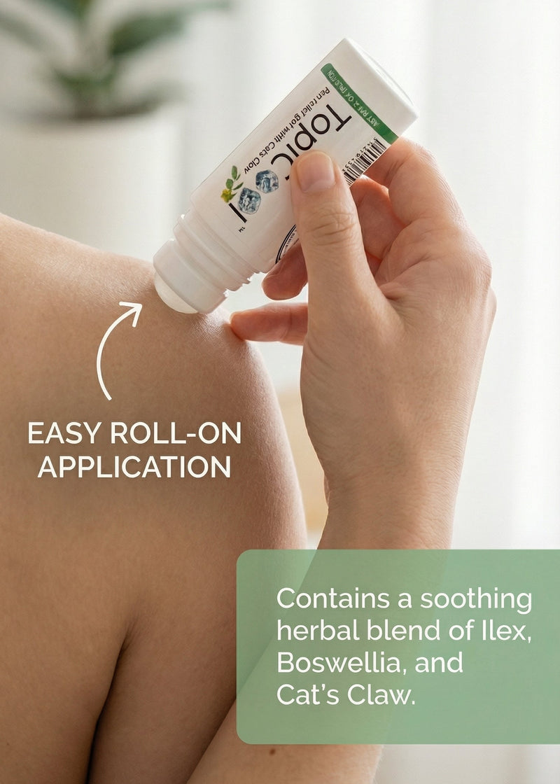 Person applying a roll-on product to their arm with text about easy application and ingredients.